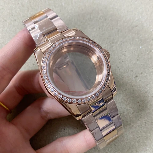 

36mm Rose Gold Case Strap Set Transparent Bottom Sapphire Glass Watch Case for NH35 NH36 4R Movement Men Women Watch Part