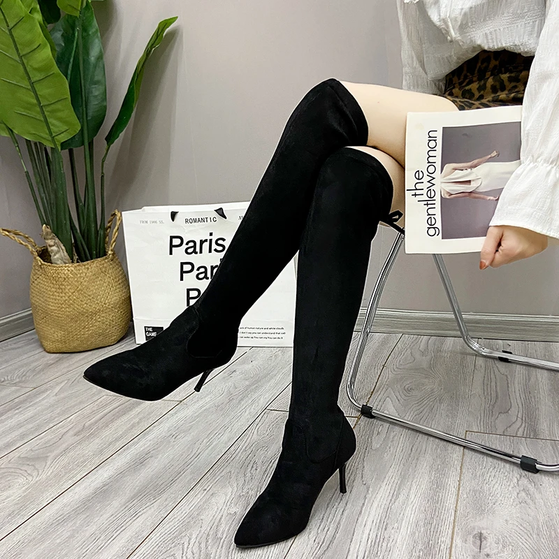 

Women's Boots Autumn and Winter Elastic Cloth Socks Middle Boots Sexy Ladies High Quality Pointed Toe Knee-high Nude Boots