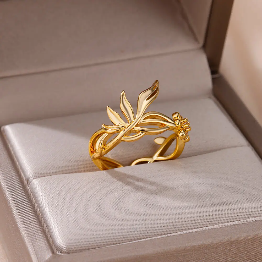 

Stainless Steel Leaf Flower Rings For Women Gold Plated Zircon Flower Opening Ring 2023 Trending Wedding Aesthetic Jewerly Gift