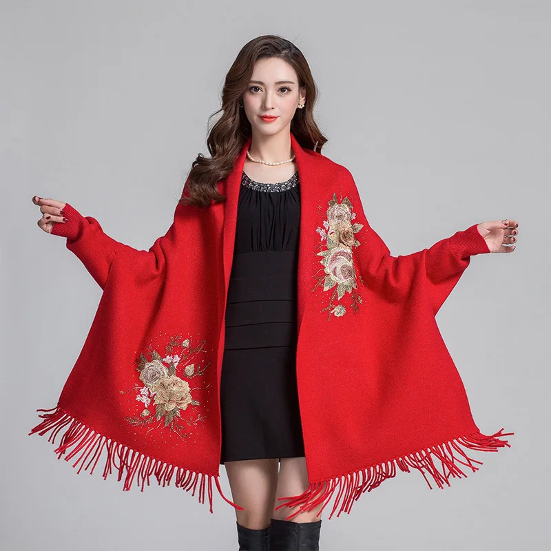 

70*175cm Womens Capes Coat Autumn Female Ponchos Wraps Scarf Shawl Stoles Open Stitch Embroidery Fashion Ladies Outerwear Hw16