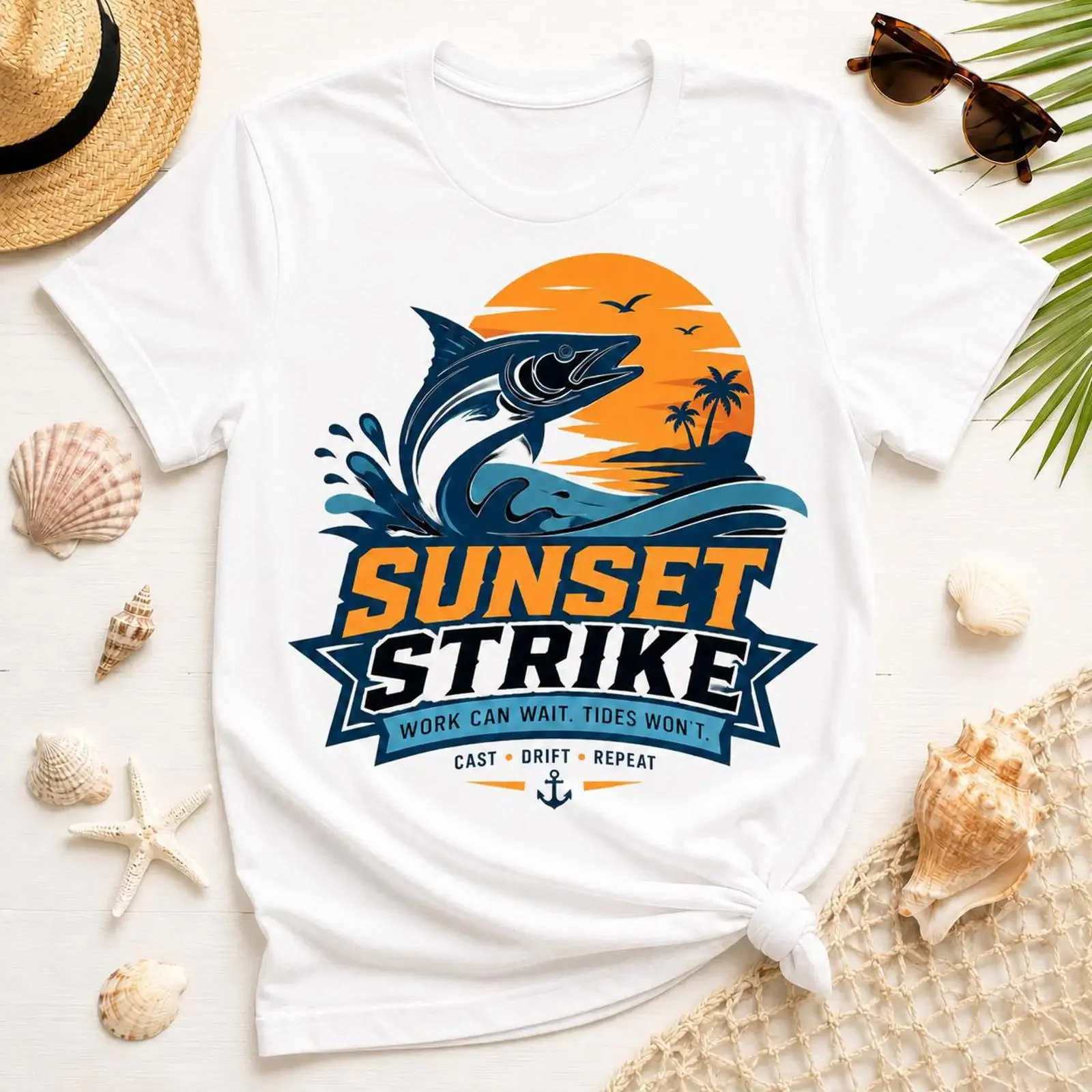 Фото Футболка Sunset Strike Fishing с надписью «Работа может подождать, приливы не подведут» — забавная, для рыбака, повседневная, винтажная, с эффектом потертости, удобная, стильная. №1
