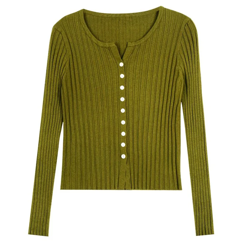 Женский вязаный кардиган с длинным рукавом повседневный облегающий круглым