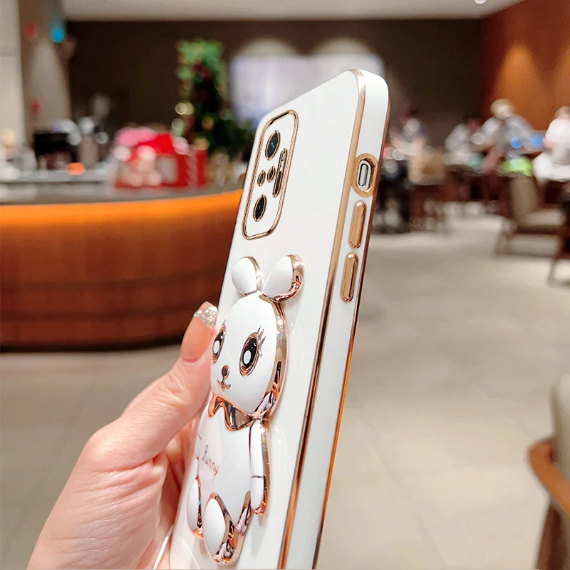 Cute Cartoon Rabbit Fold Stand For Xiaomi Redmi Note 8 Pro Phone Case With Lanyard Luxury Plating Cover