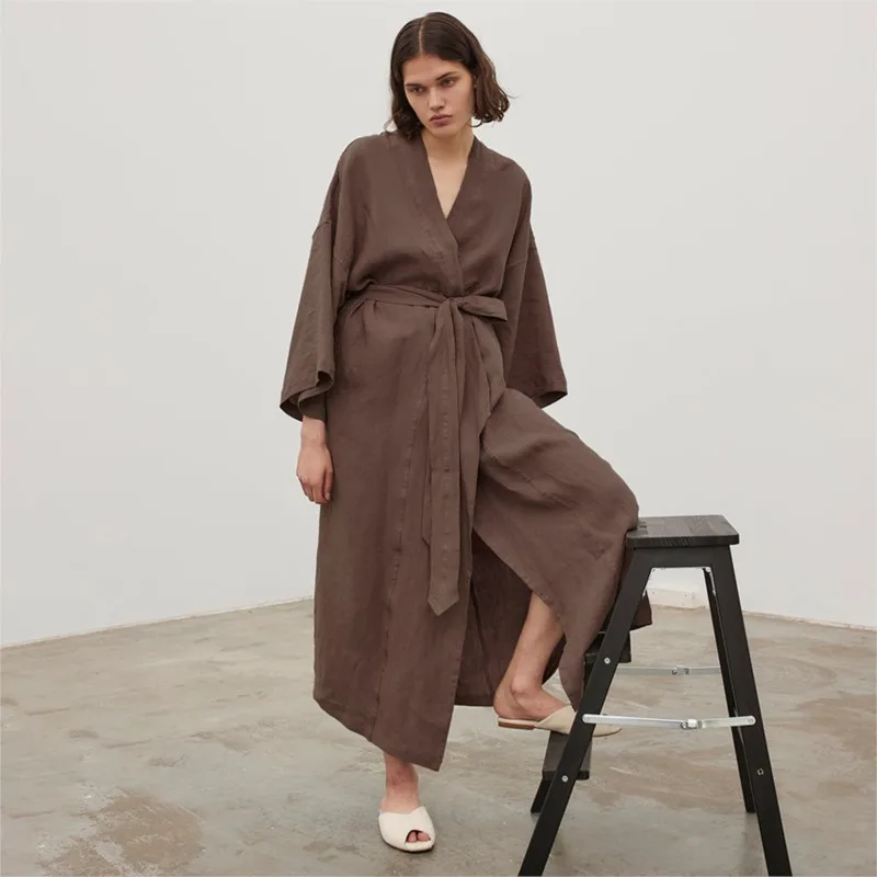 

Women Beach Fashion 2023 Luxury Dress And Tunics New Cotton Brown Long Sleeve Robe Hotel Homestays Bathrobe Homewear Solid