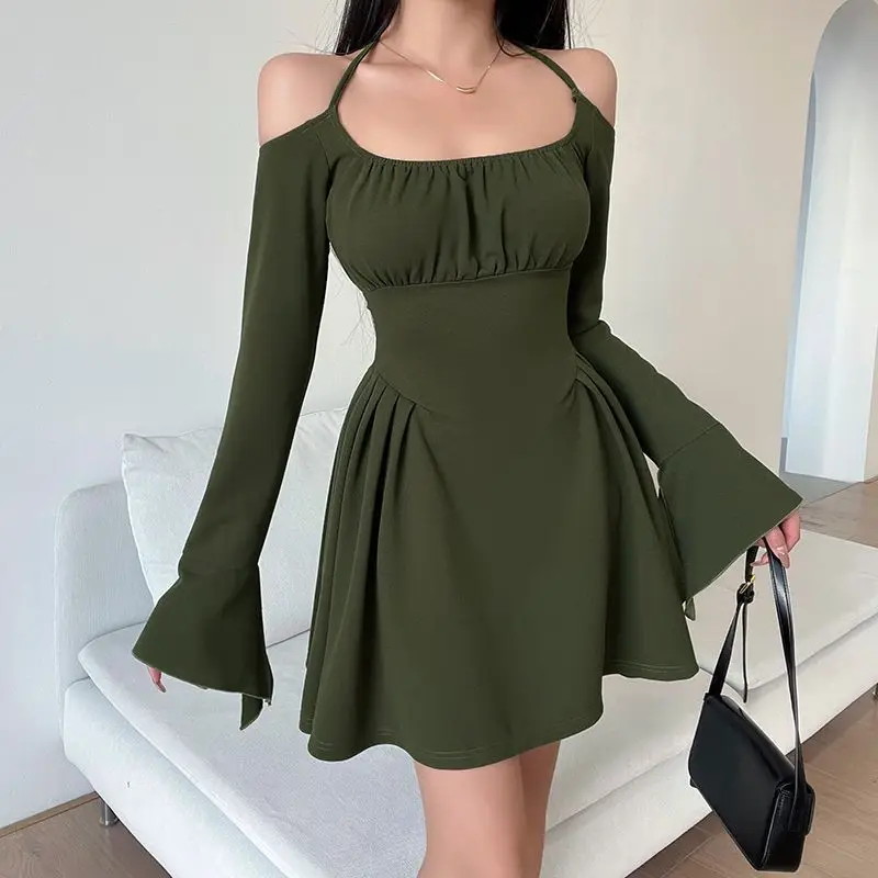 

HOUZHOU Vintage Green Halter Dresses Women Off Shoulder Backless Pleated Corset Black Mini Dress Party Sexy Bodycon Long Sleeve