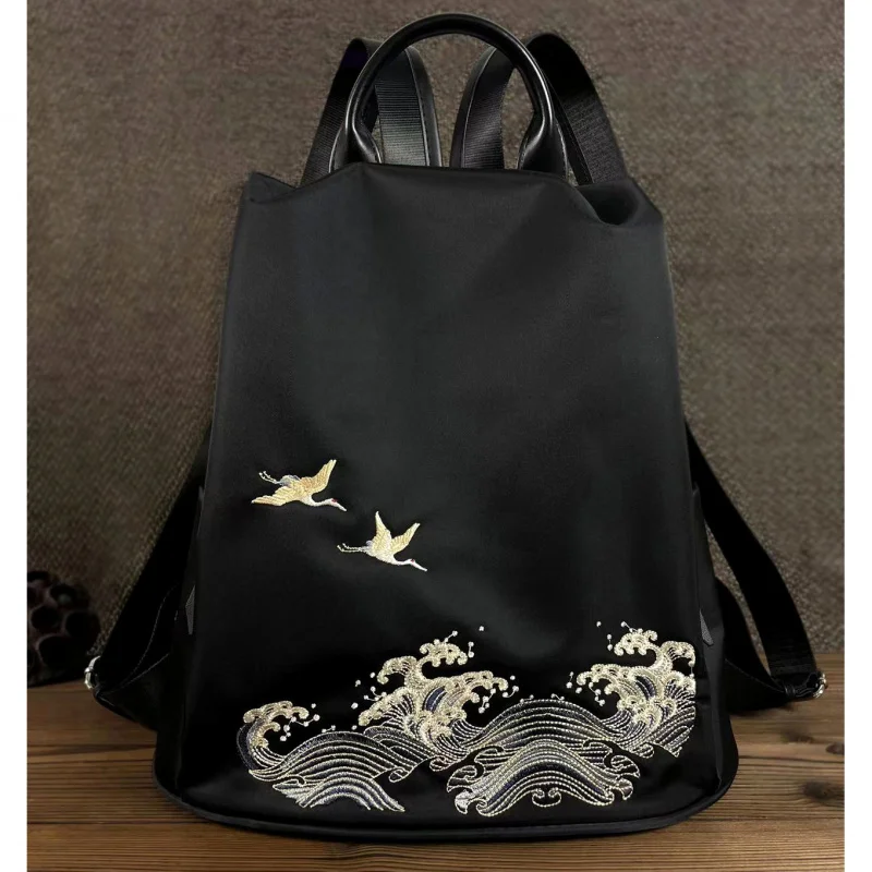 Biyang Style Embroidery Backpack Women's Bag Embroidered Black Casual All-Match Waterproof Fabric Jushi Shoulde