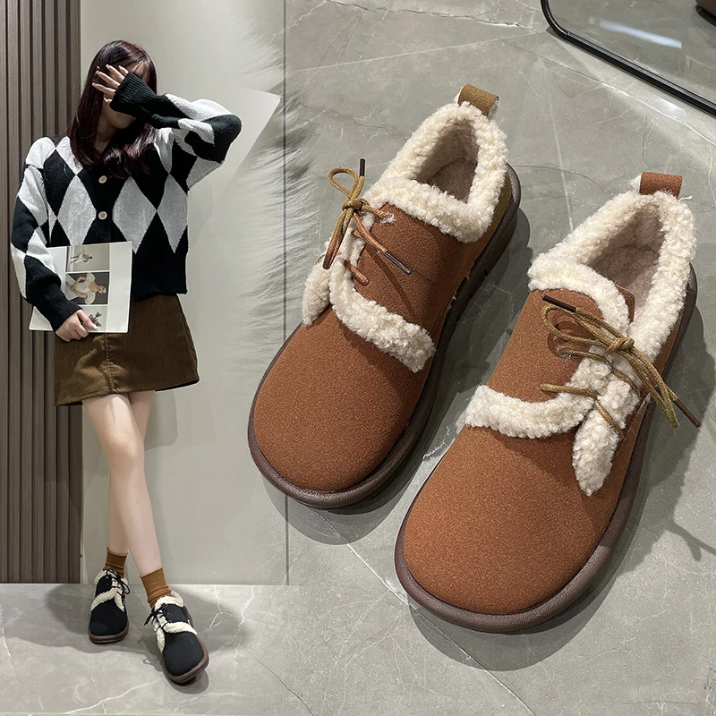 

Winter Shoes Women Casual Female Sneakers Round Toe Flats Loafers Fur Autumn Dress New Cross Retro Fall Flock Basic Cross-tied R