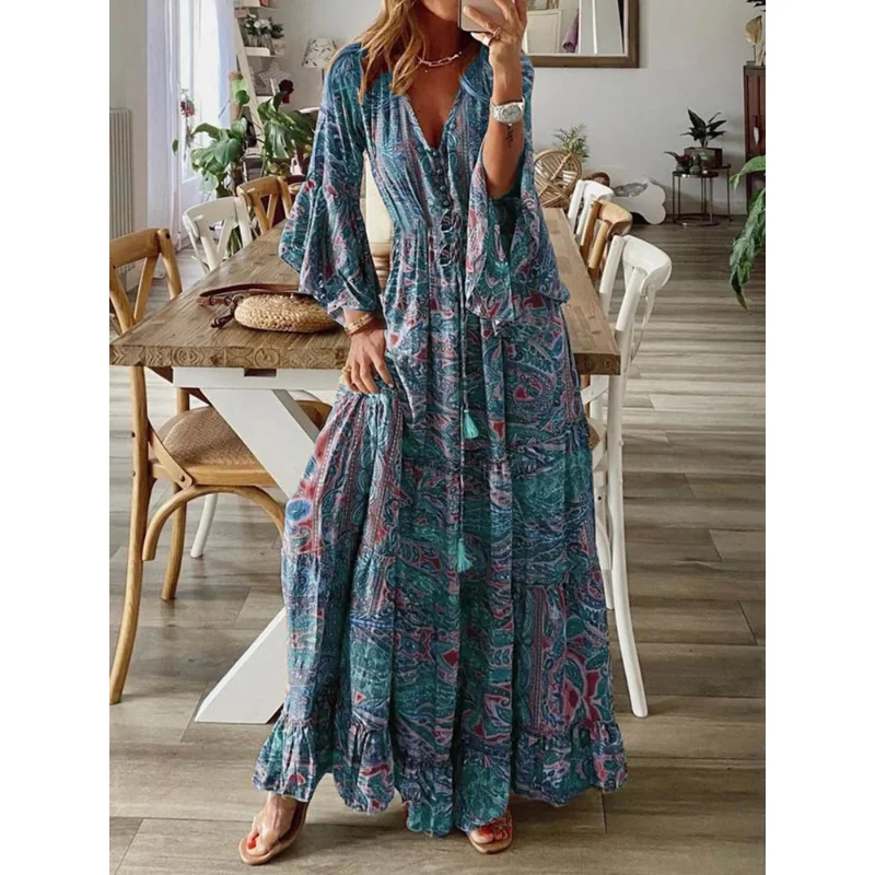 

Women Vintage Flowral Print Pleated Maxi Dress Summer Sexy V-neck Retro Long Dresses Female Casual Boho Long Flare Sleeve Dress