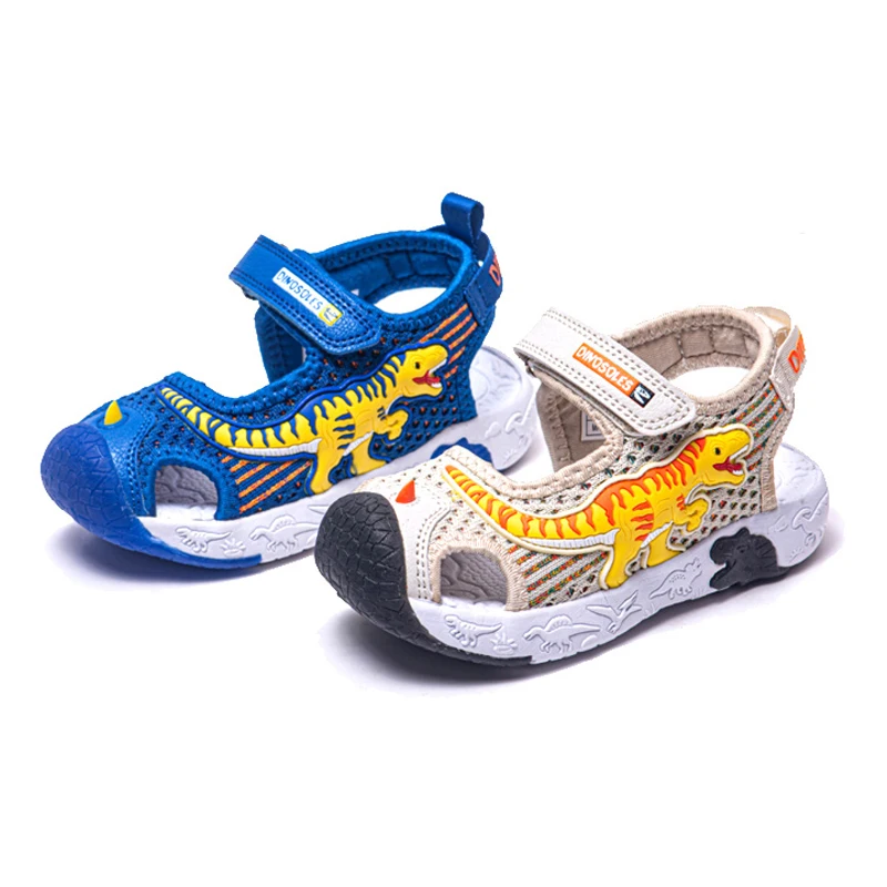 Dinoskulls Children Sandals 2021 Summer Boy LED Dinosaur Flashing With Light Kids Beach Shoes Breathable Fashion Leather Sandals