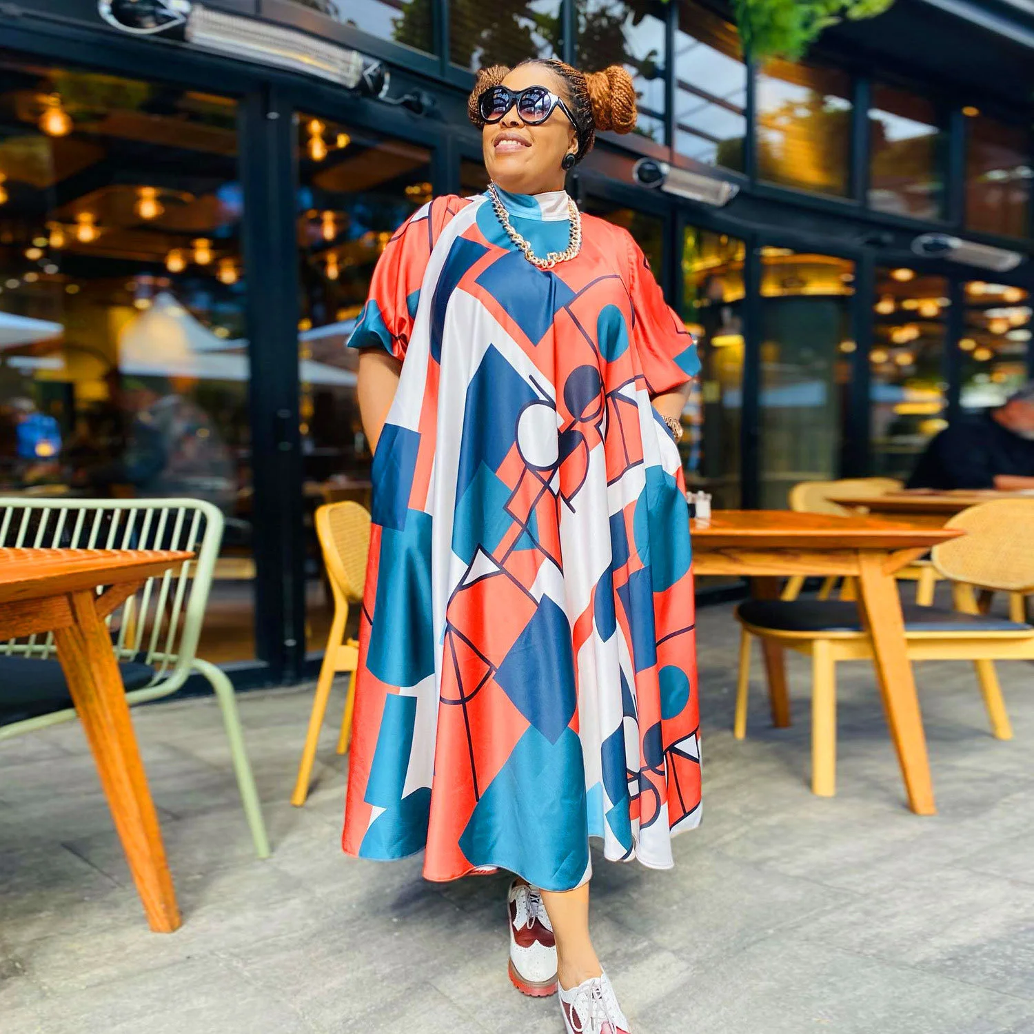 

Fashion Large Dress 2023 Geometric Pattern Print Lady Casual Turtleneck Midi Oversized Loose Streetwear Midi Summer Dresses