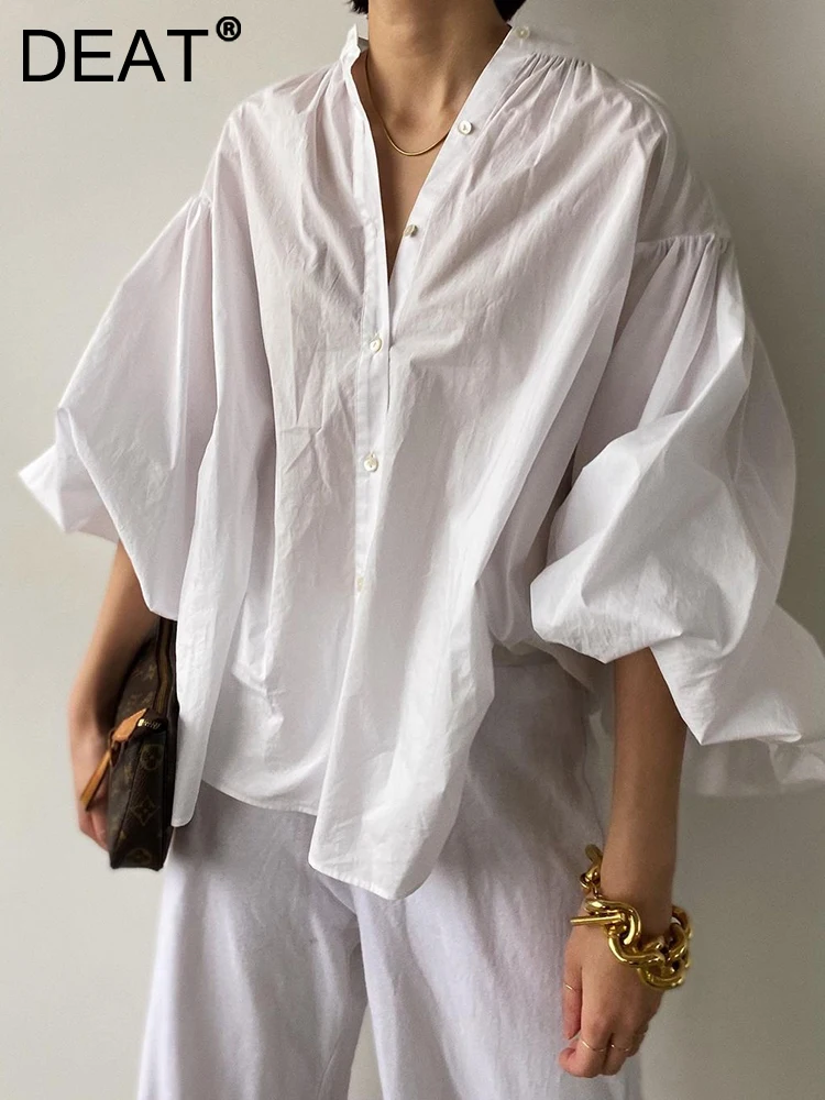 

Женская однобортная рубашка DEAT, белая хлопковая блузка свободного покроя с воротником-стойкой и рукавами-фонариками, лето 2023