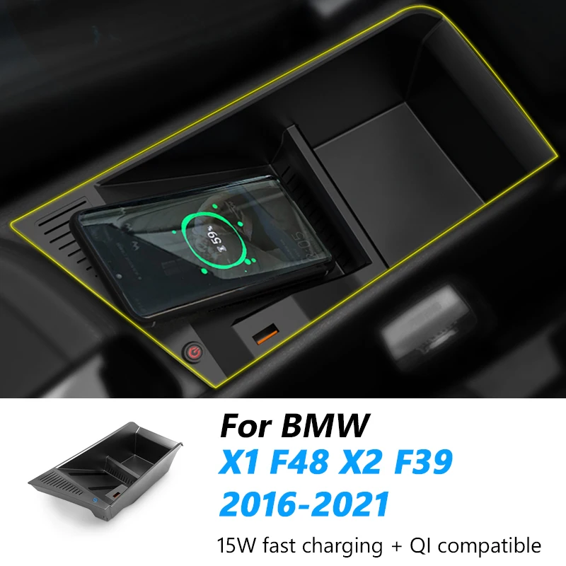 12V Car Wireless Charger For BMW X1 F48 X2 F39 2016-2022 Cigarette Lighter Socket Installation Storage Box Auto Accessories 15W