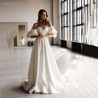 elegant detachable long sleeves wedding dress sweetheart a line bridal dress pearls backless bride gown satin robe de mari%c3%a9e