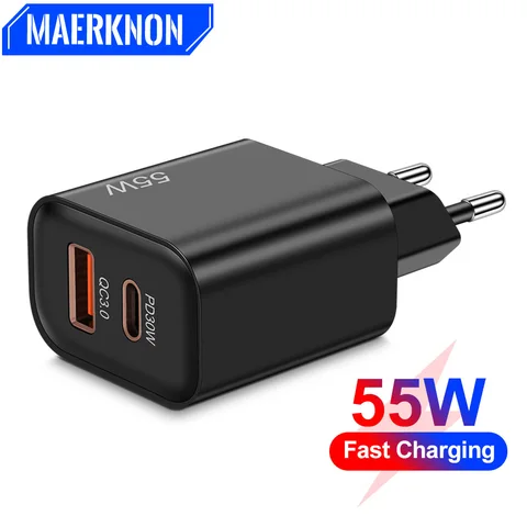 Зарядное устройство USB Type-C 55 Вт, быстрая зарядка, быстрая зарядка 3,0 для iPhone, Xiaomi 13, Samsung, настенное зарядное устройство, адаптер