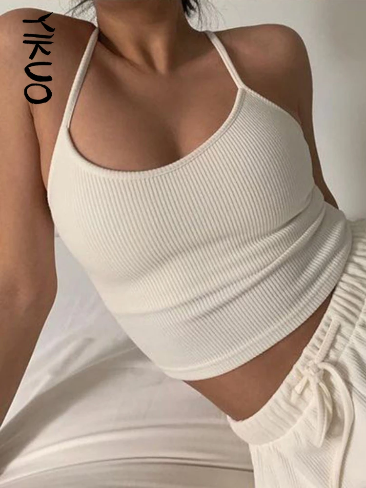 

YIKUO Y2K Effen Gebreide Crop Top Cross Backless Mini Vest Casual Basic Vrouwen Sportieve Sweats 2022 Nieuwe Streetwear tee