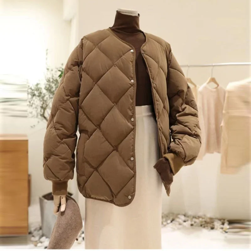 Baseball Clothes All-Match Simple Stylish O-neck Outwear White Duck Down Casual Jackets Solid Tops Warm Women Coat Loose Thicken