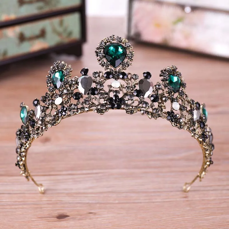

Baroque Vintage Rhinestone Prom Big Bride Crown Green Crystal Tiara Bridal Head Jewelry Pageant Wedding Hair Accessories LXH