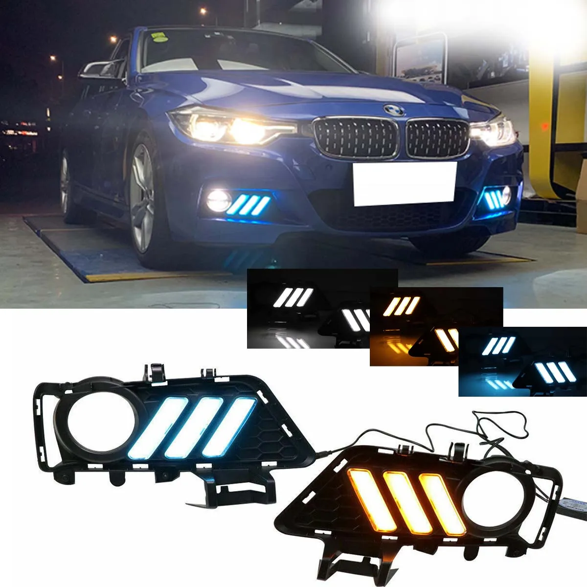 

White Blue Driving Fog Lamp DRL Daytime Running Light w/ Yellow Turn Signal Function For BMW 3 Series F30 F35 2013-2019