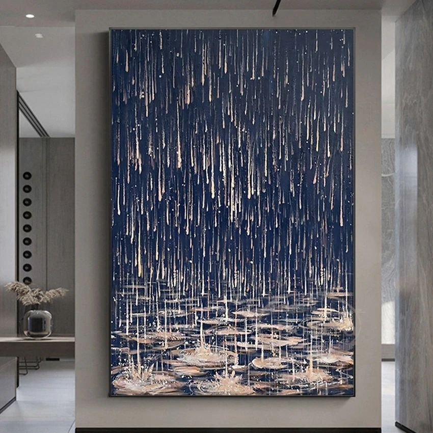 

Скандинавская современная абстрактная картина с изображением дождя, чистая картина маслом ручной работы, домашнее украшение для спальни, столовой, гостиной и дивана, роспись