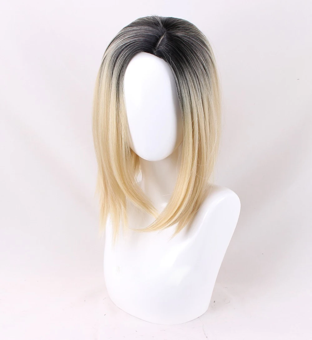 

Halloween Bride of Chucky Women Tiffany Blonde Omber Black Hair Middle Parting Wigs Jennifer Tilly Cosplay Wig + WigCap
