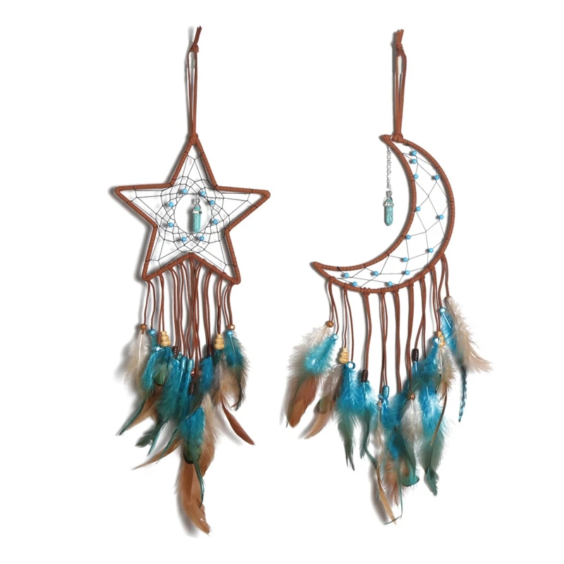 

XX9B Star Moon Dream Catcher Handmade Crescent Net with Feather Pendant Wall Decor Home Decoration Art Ornament Craft Gift