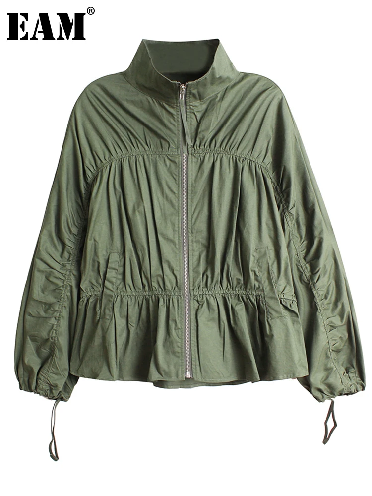 

[EAM] Loose Fit Army Green Pleated Big Size Jacket New Stand Collar Long Sleeve Women Coat Fashion Spring Autumn 2023 1DE4329