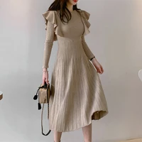 2020 new winter vintage elegant o neck female thicken knit long dress slim full sleeve ruffles chic women sweater vestidos black