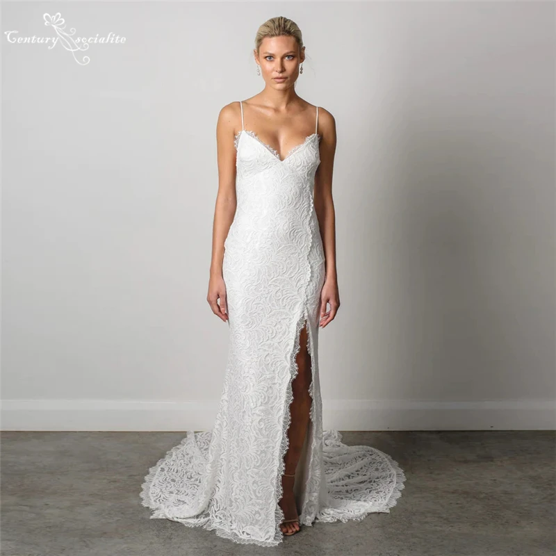 

Boho Mermaid Wedding Dress 2023 Side Slit Spaghetti Starps Backless Lace Bridal Gowns Bohemian Bride Dresses Vestido De Noiva