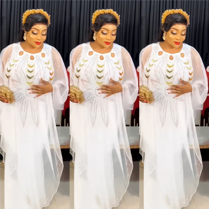 

African Dresses for Women Summer Elegant African O-neck Long Sleeve White Red Polyester Long Dress Maxi Dress African Clothes