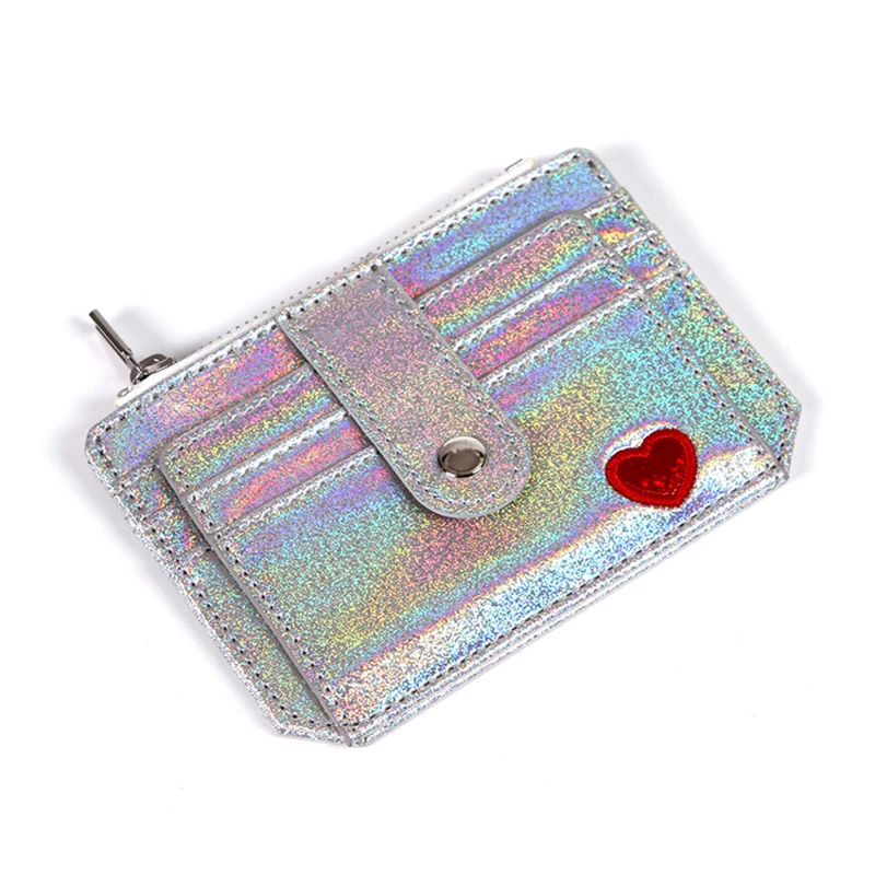 New Korean Laser PU Card Bag Love Embroidery Women's Zipper Buckle Zero Wallets Mini Wallet Cute Cards Clip Holders Small Purse