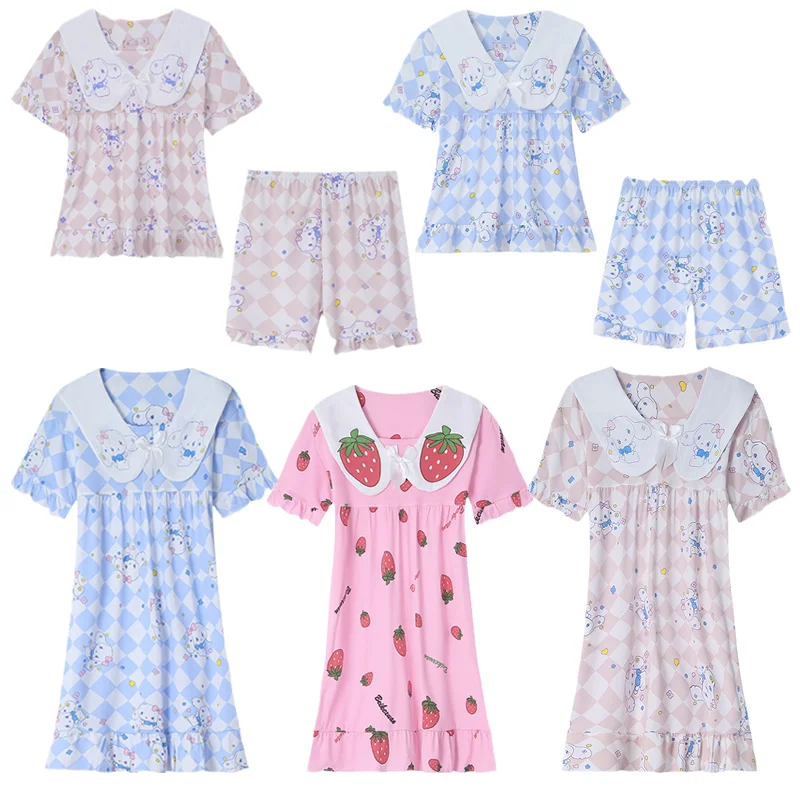 

Женский Пижамный костюм Sanrioed Cinnamoroll с принтом и бантом, пижама с юбкой, милые летние шорты с коротким рукавом, ночная рубашка, домашняя одежда