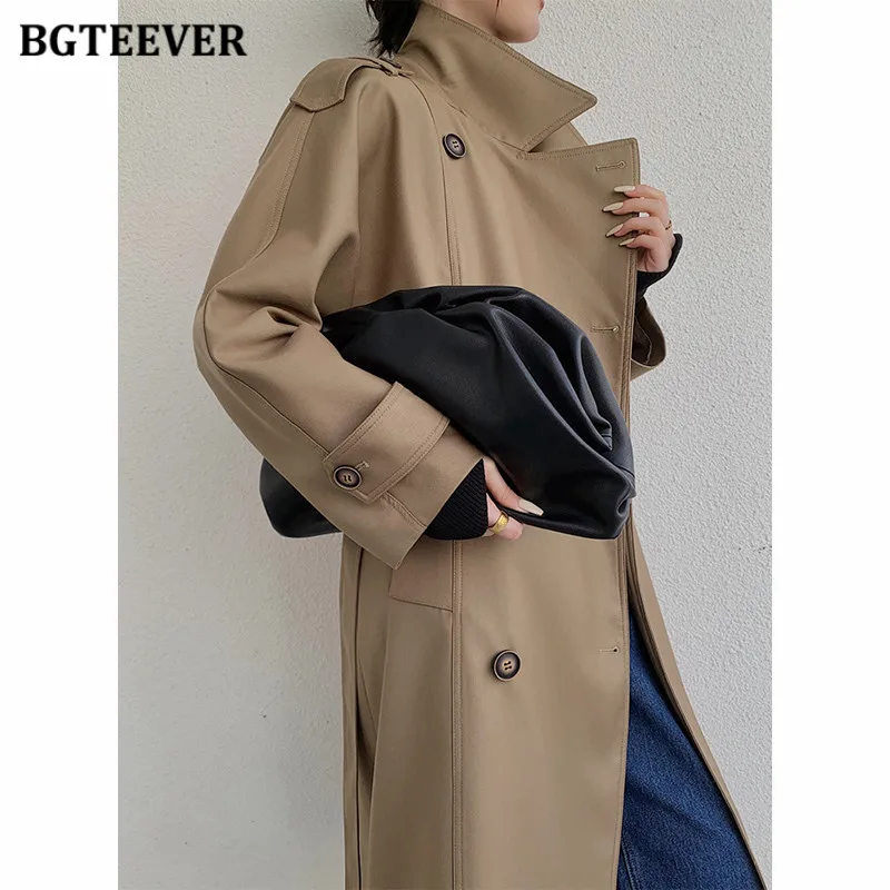 Женский Длинный Тренч BGTEEVER винтажный двубортный с поясом ветровка оверсайз