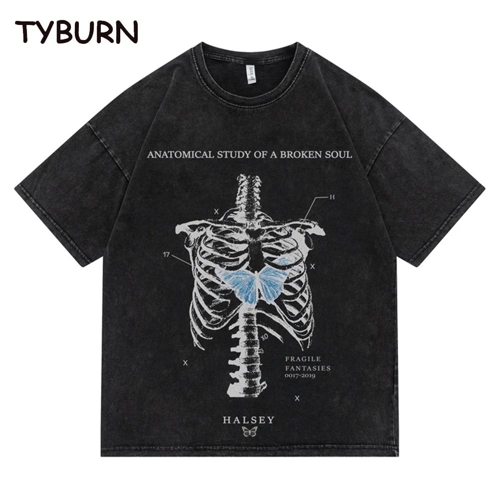 

TYBURN Summer Cotton Comfortable Loose Short Sleeve T-shirt Men's Wash Vintage Hip Hop Skull Print Short Sleeve Top Women