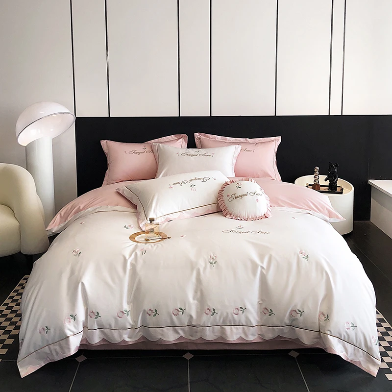 

Комплект постельного белья из хлопка с изысканной вышивкой и цветочным принтом 1920-х годов, Комплект постельного белья с наволочкой, пододеяльником, 4 шт. (Королевский размер, Белый/розовый)