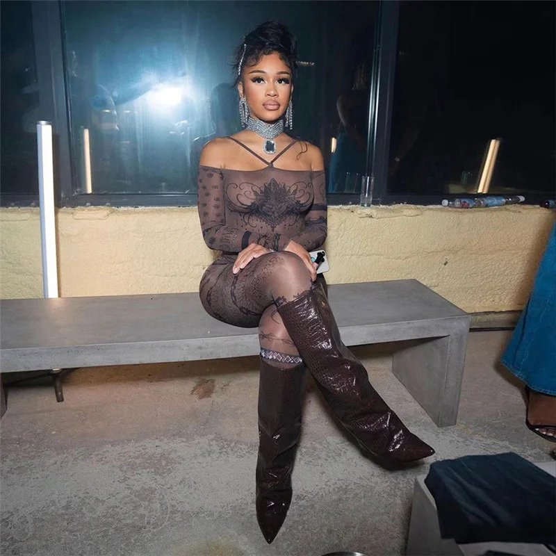 Цельный комбинезон на плечо и брюки сетчатый костюм с принтом + брючный