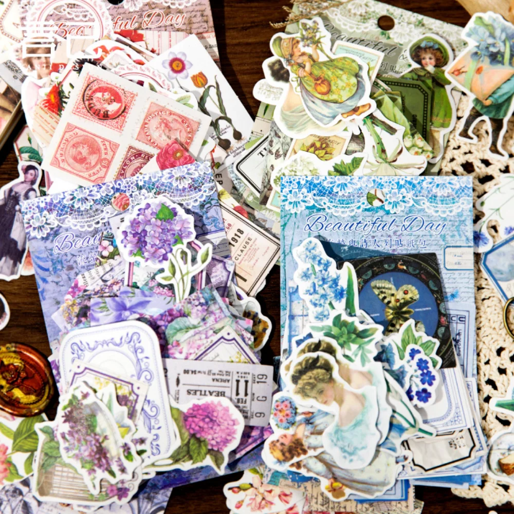 

100Pcs/pack Vintage Character Plant Stickers Deco Journaling Stationery Paper Retro Material Flowers Leaves Plants Decor Sticker