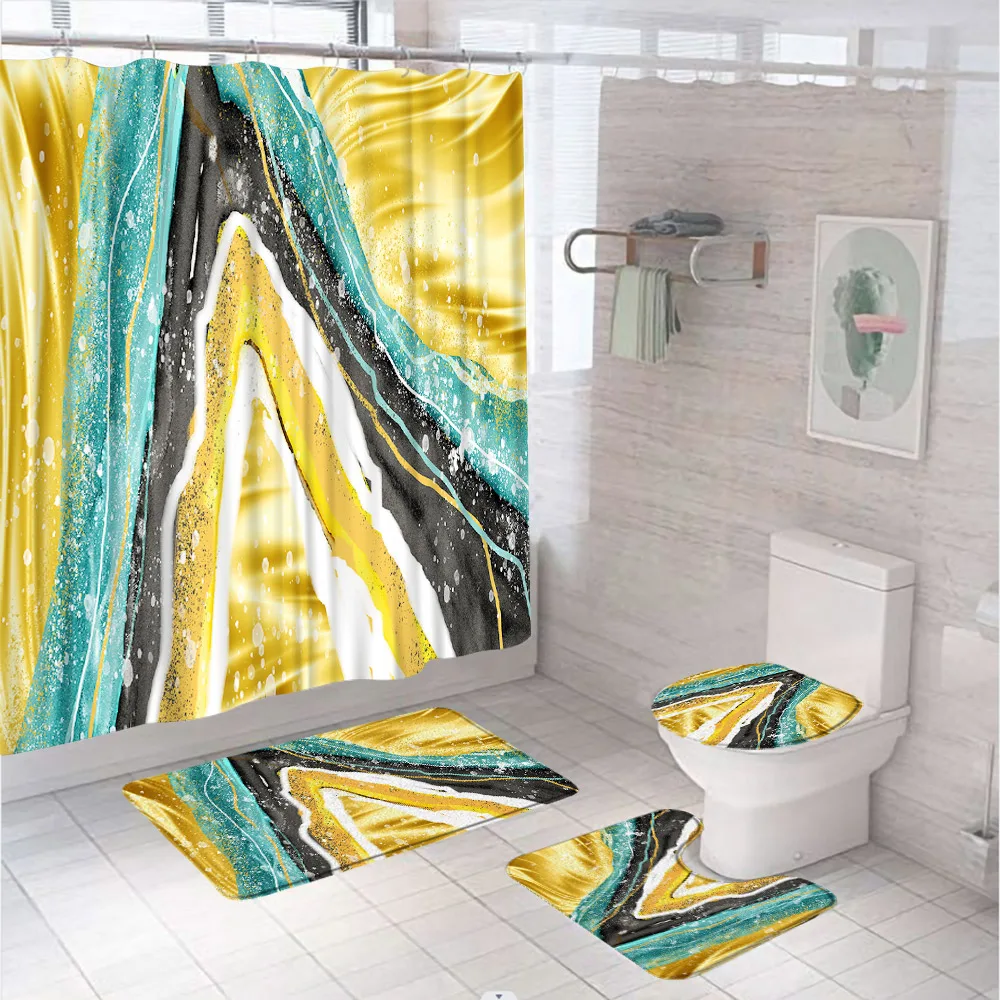 

4Pcs Luxury Marble Gold Shower Curtain Set Colorful Bathroom Curtains Decor Non-Slip Bath Mat Pedestal Rug Lid Toilet Cover Home