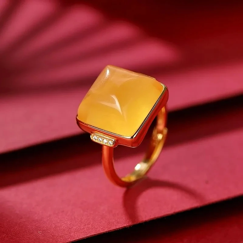 

Ancient gold craftsmanship natural Hetian yellow chalcedony square ring for women adjustable palace style luxury wedding jewelry