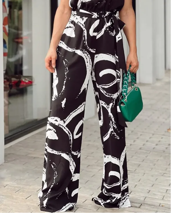 Casual O Neck Women Allover Print Tied Detail Sleeveless Jumpsuit 2022 Summer New Office Lady Two Piece Suit Fashion Streetwear