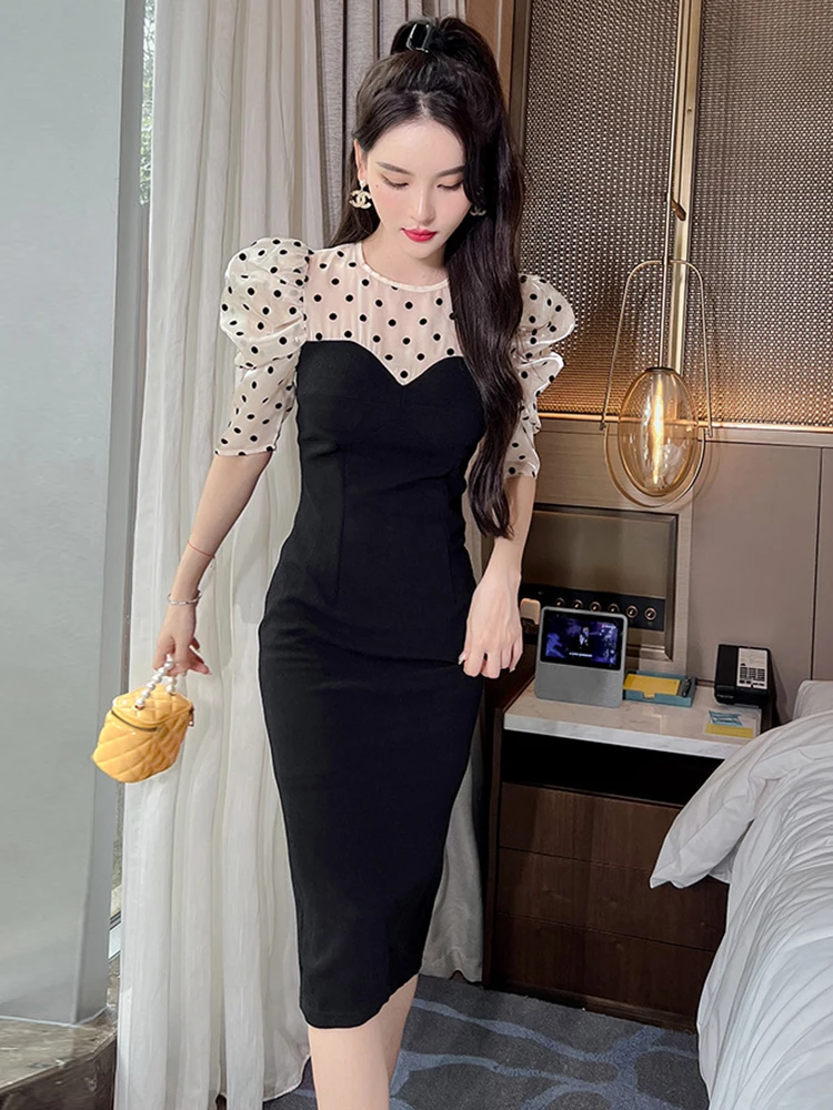 

Korean Elegance Office Women Dress Retro Dot See Through O-Neck Skinny Midi Party Street Gown Robe Femme Mujer Vestidos Summer
