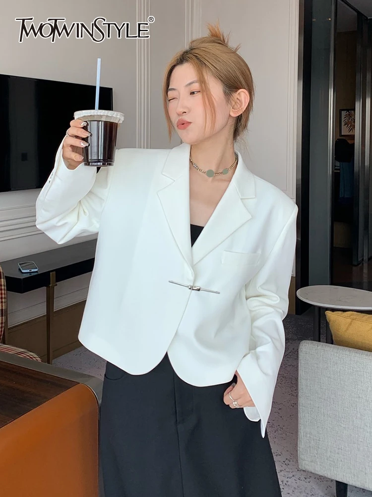

TWOTWINSTYLE Chic Solid Short Blazers For Women Notched Collar Long Sleeve Spliced Button Blazer Female High Street Style 2023