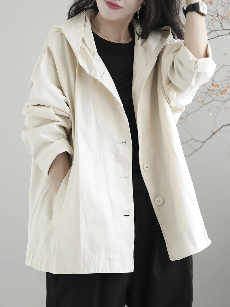 Хлопковая верхняя одежда с капюшоном и длинными рукавами в стиле ретро женская