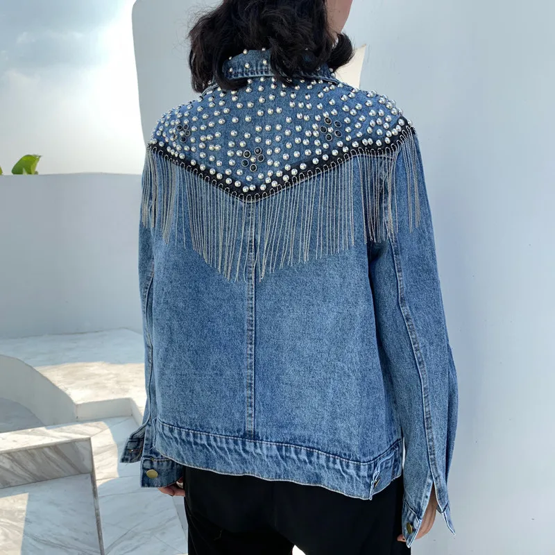 2021 Women Autumn Hand-studded Denim Jacket Coat Rivet Loose Black Tassel Chain Short Jeans Jacket Coats Streetwear Mujer