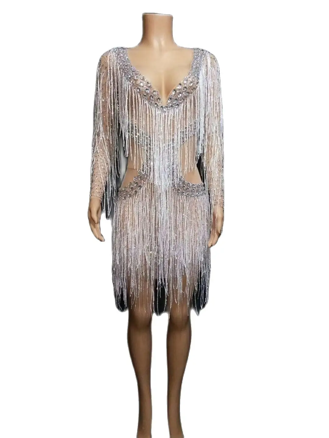 

Блестящее Сетчатое Прозрачное платье для вечеринки серебряные стразы бахрома празднование дня рождения кисточка