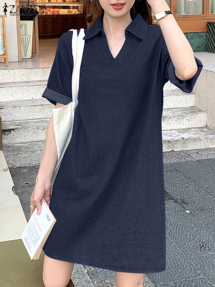 Стильное летнее джинсовое синее платье ZANZEA женский сарафан с лацканами и