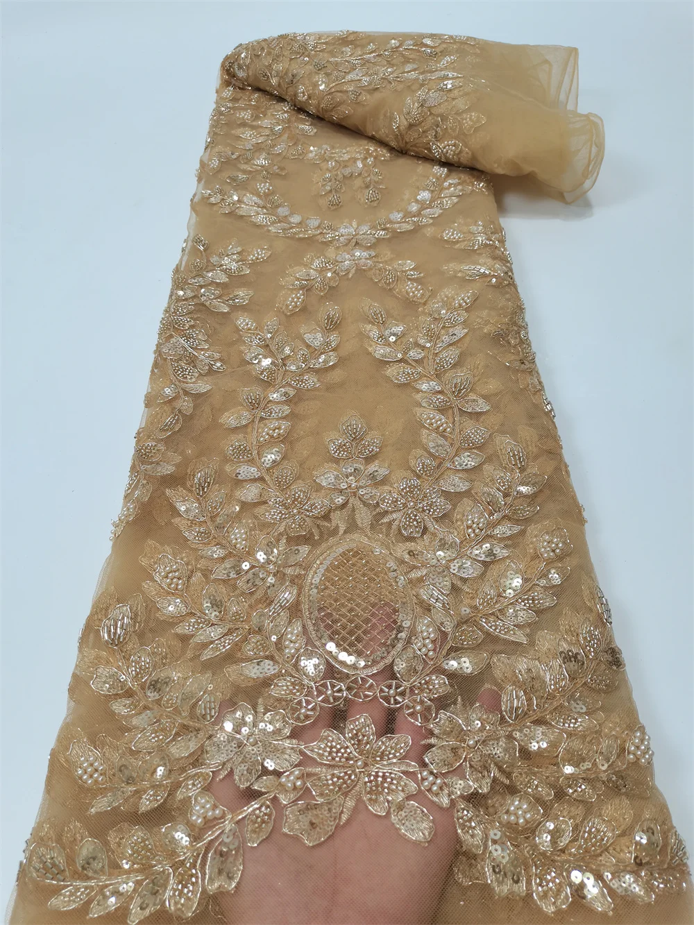 

African Classic Gold Luxury Sequins Lace Tulle Fabric French Handmade Beaded Lace Pearl Fabric For Women Evening Party Dress Sew