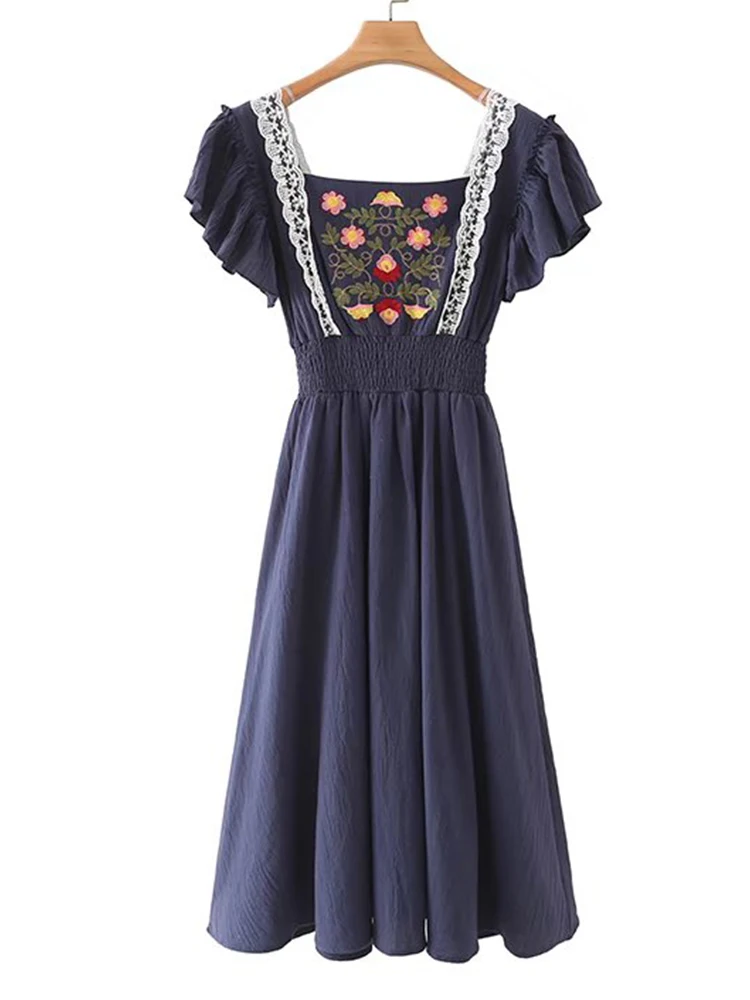 

2022 Fashion Women Floral Embroidery Dress Summer Ladies Flying Sleeve Elastic Waist Cotton Casual Dress Midi Vestido