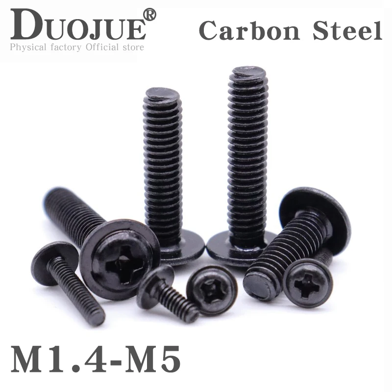 

10/ 20/ 50/ 100pcs PWM M1.4 M2 M2.5 M3 M3.5 M4 M5 Black Carbon Steel Cross Phillips Pan Round Head With Washer Collar Screw Bolt