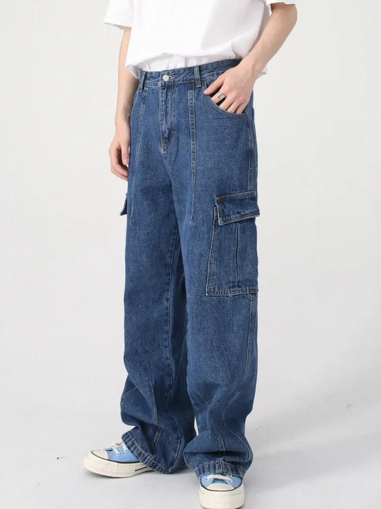 

SYUHGFA Men Clothing 2022 Spring Autumn Korean Streetwear Fashion Straight Cargo Pants Jeans Casual Loose Denim Trousers