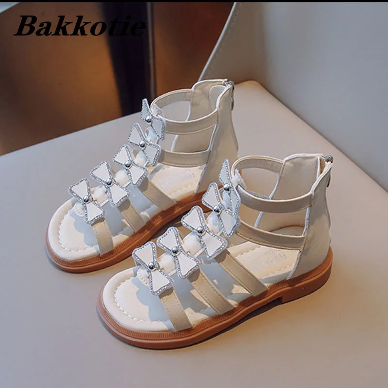 

Girls Princess Sandals 2023 Summer Baby Kids Flats Fashion High Top Gladiator Party Dress Beach Shoes Toddler Bow Pearls Soft